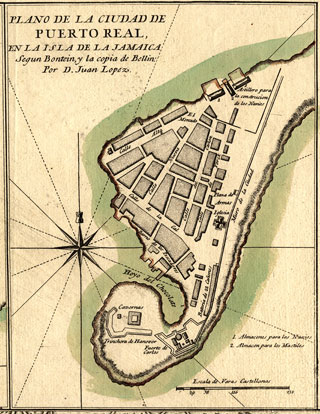 Don Juan Lopez. Plano de la ciudad de Puerto Real, en la isla de la Jamaica. Madrid, 1782. 20 x 15 cm. Historical Museum of Southern Florida, 2006-334-1. The naval dockyard (“los Navios”) was located at the northeast of the town, while Fort Charles (“Fuerte de Carlos”) was in the southwest.