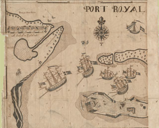 John Taylor. Port Royal. 1688. 32 x 39 cm. National Library of Jamaica, NLJ ms 105. This is one of only a handful of eyewitness drawings of Port Royal before the 1692 earthquake. Note Fort Charles at the southwest of the town.